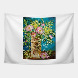 Pink Flowers in Boho Vase with Teal Background Tapestry