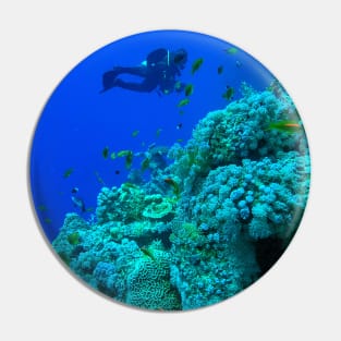 Coral reef and scuba diver Pin