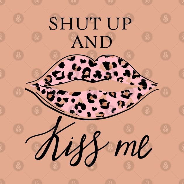 Fashion print with slogan. Kiss with leopard lipstick. Stylish woman lips. by CoCoArt-Ua