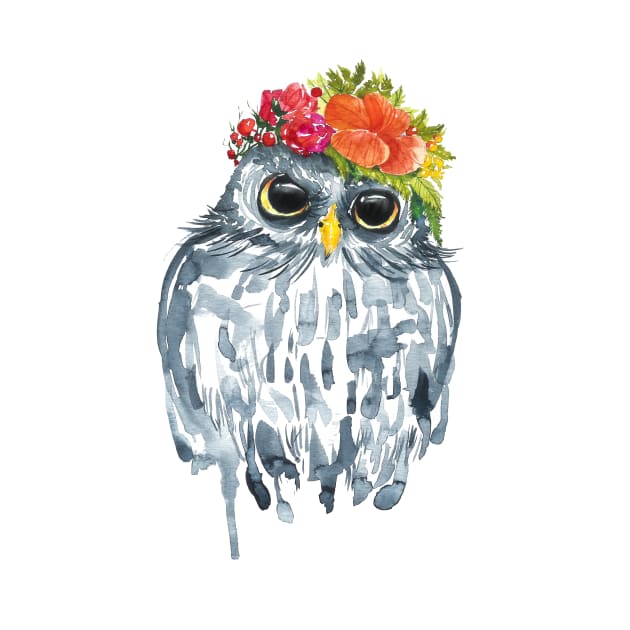 Watercolor Grey Floral Owl by MagdalenaIllustration