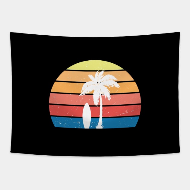 Retro sunset palmtree surfboard Tapestry by gegogneto