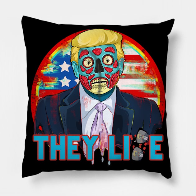 They Lie Cartoon Zombie Alien Trump Pillow by Trendy Black Sheep