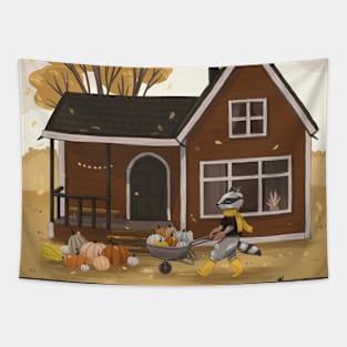 Autumn cottage with pumpkins Tapestry