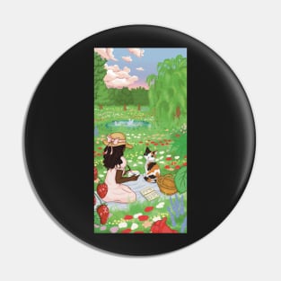 cottagecore illustration girl and cat picnic meadow Pin