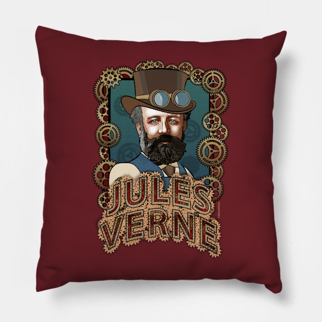 Portrait of Jules Verne Steampunk Pillow by VioletAndOberon