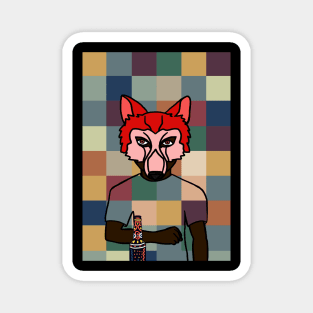 Pixelated Male Character with Animal Mask and Freakish Skin Holding a Dark Bottle Magnet