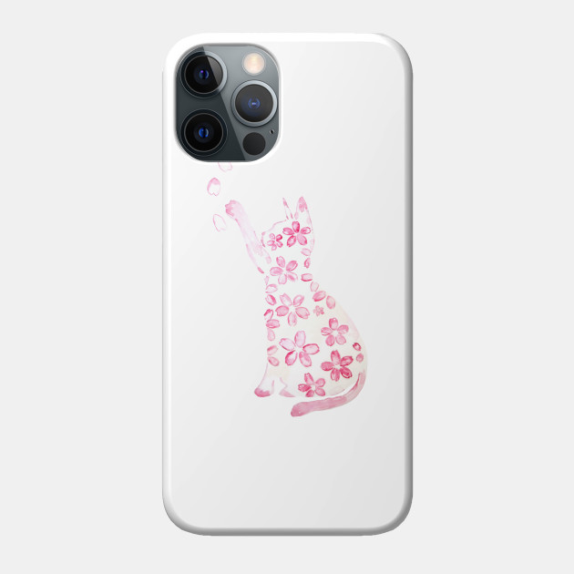 pink cat and cherry flowers watercolor - Cat Lover Gifts - Phone Case