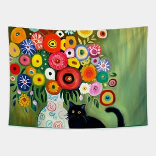 Still Life Painting with Black Cat and Flowers in a White Vase Tapestry