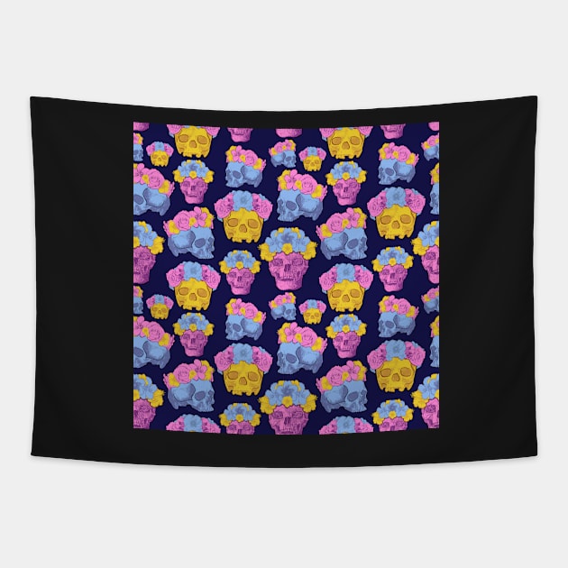 Colourful Skull and Flower Background Tapestry by annaleebeer