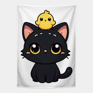 Cute Black Cat And Yellow Bird Tapestry