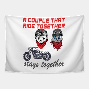 Cute Panda and cat couple that rides together stays together Tapestry