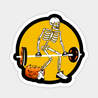 Skeleton Weight lifting Pumpkin Funny Halloween Magnet