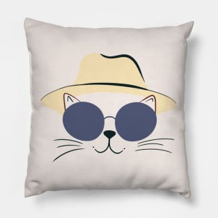 French Chic Cat: Cream Hat & Round Shades - Minimalistic Cat Art" Pillow