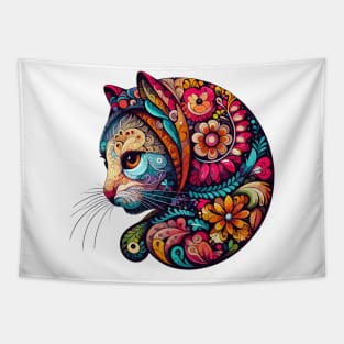 Neon Babushka Cat - Flowery Colorful Kitty Cat Head Profile Tapestry