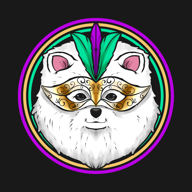 Pomeranian Or Samoyed Dog With Mask For Mardi Gras by SinBle