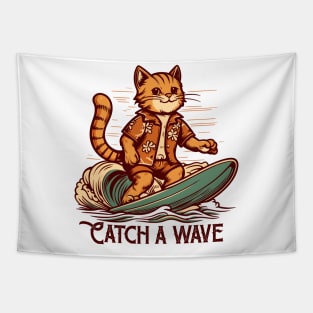 Cartoon Mascot Cat Surfing Tapestry