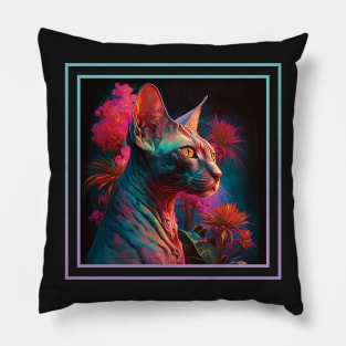 Sweet Sphynx Cat Vibrant Tropical Flower Digital Oil Painting Portrait Pillow