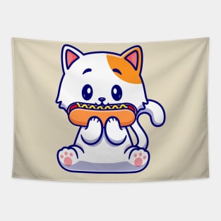 Cute Cat Eating Hotdog Cartoon Tapestry