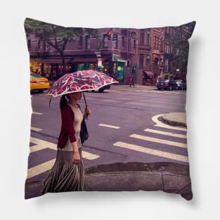 Girl Rainy Day City Street Upper West Side Manhattan NYC Pillow