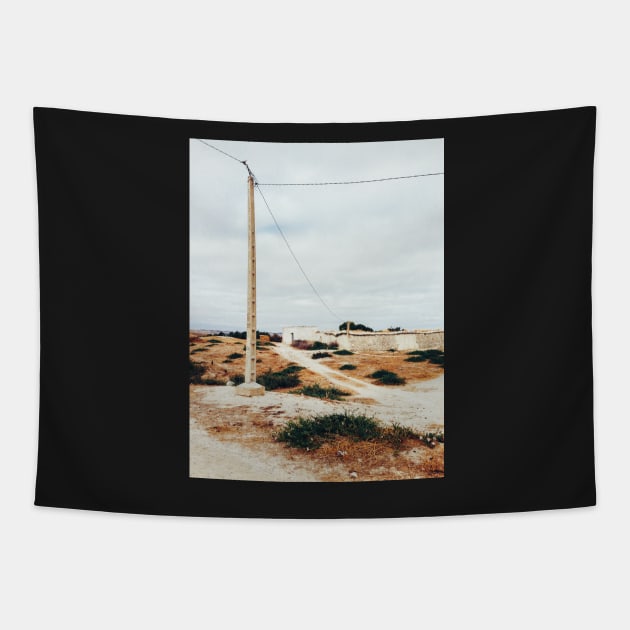 Bird Sitting on Telephone Pole in Dry North African Countryside Tapestry by visualspectrum