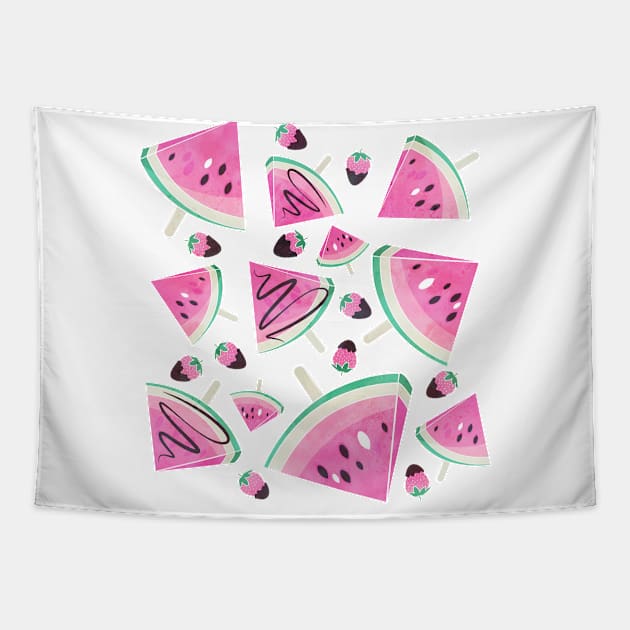 Watermelon popsicles, strawberries and chocolate // pink Tapestry by SelmaCardoso