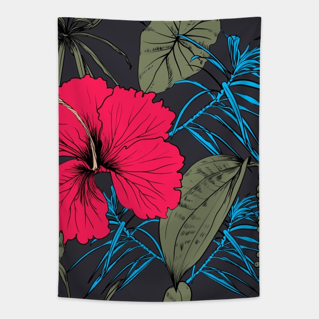 Tropical exotic flowers and leaves Tapestry by Olga Berlet