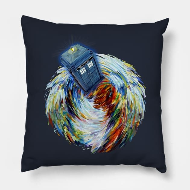 Blue Phone booth jump into time Vortex Pillow by Dezigner007