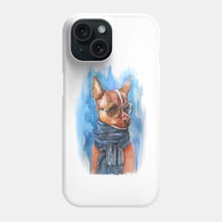 Smart Chihuahua dog with glasses, watercolor print. Phone Case