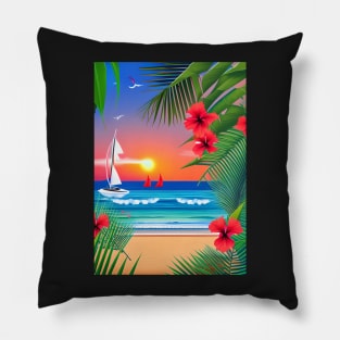 Tropical Sunset Beach Scene Pillow