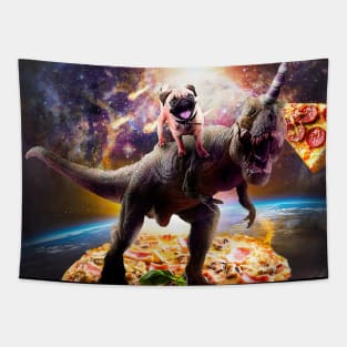 Outer Space Pug Riding Dinosaur Unicorn - Pizza Tapestry