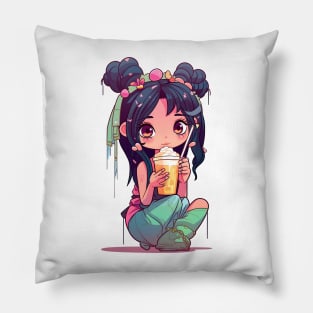 Cute Fairy & Boba Tea Funny Food Retro Japonese Anime Pillow