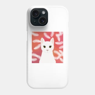 The cute white cat queen is watching you , white feathers on the colorful  background Phone Case