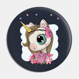 Cute little unicorn girl with big eyes and flowers on blue background Pin