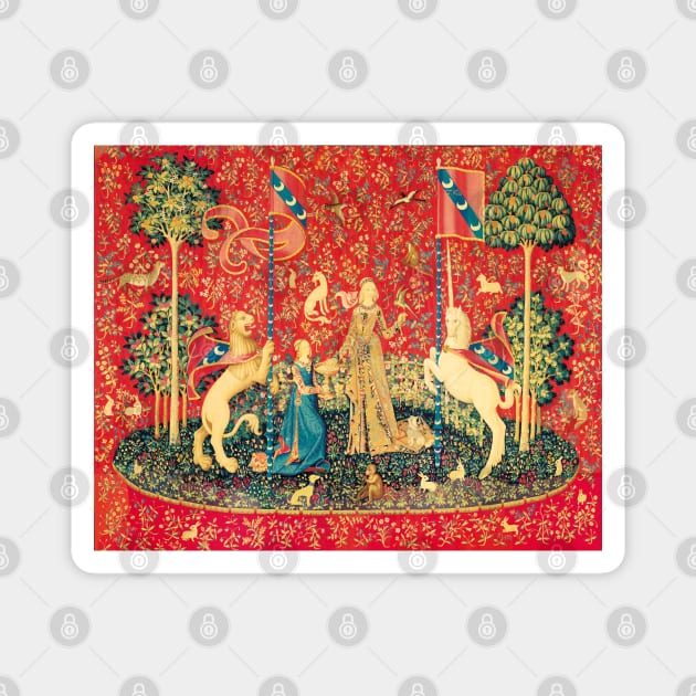 LADY AND UNICORN Taste, Red Green Fantasy Flowers,Animals Magnet by BulganLumini