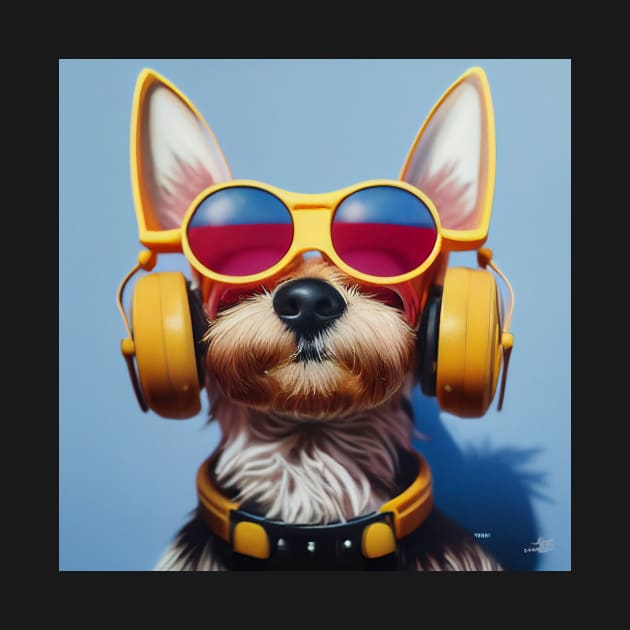 Yorkie Terrier Wearing Yellow Glasses and Headphones by Studiowatermars