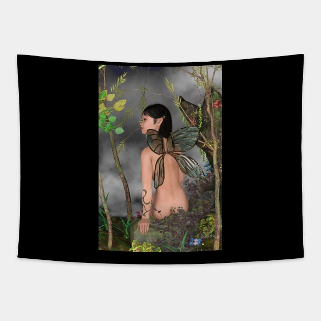 Fairy sitting on a rock in the woods Tapestry by Fantasyart123