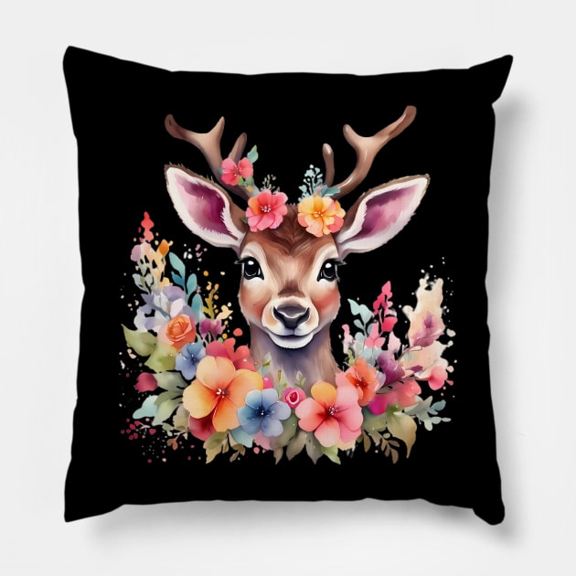 A deer decorated with beautiful watercolor flowers Pillow by CreativeSparkzz