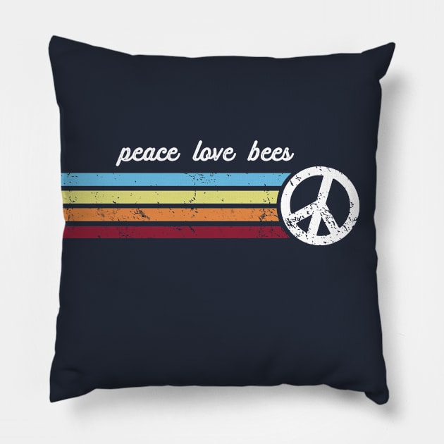 Retro Stripes Peace Love Bees Pillow by Jitterfly