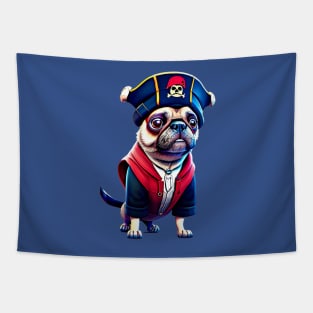 Cute Pug in Pirate Hat - Adorable Pug with Tiny Pirate Hat Costume Tapestry