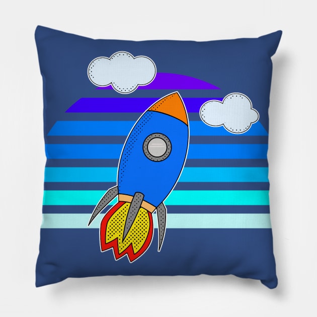 Cartoon Flying Rocket Pillow by Braznyc