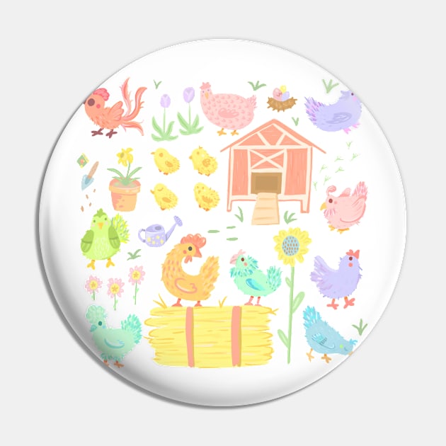 Pastel Spring Chickens and Flowers Pin by narwhalwall