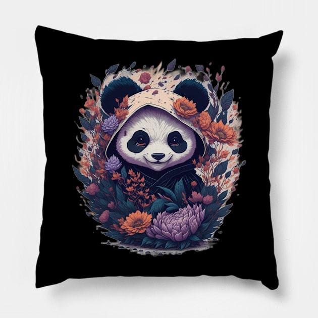 Cute Ninja Panda With Flowers Art Martial Floral Baby Pana Pillow by BaliChili