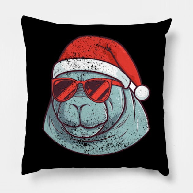 manatee in a Christmas hat distressed Pillow by GraphGeek