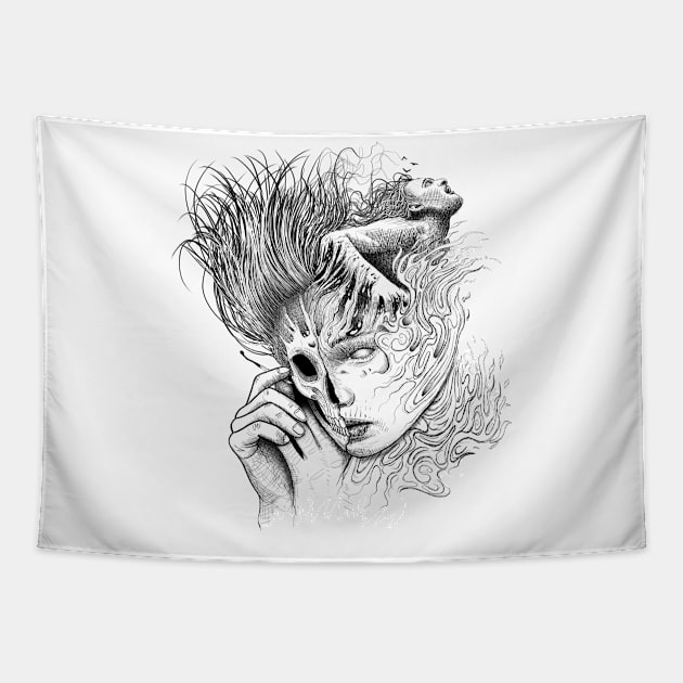 Fire themed black and white dark drawing. Skull face view Tapestry by ilhnklv