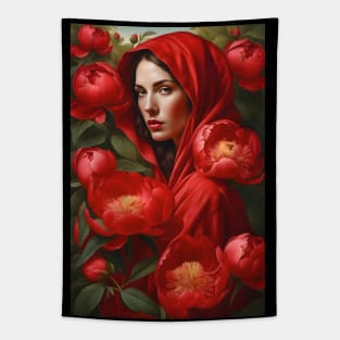 Portrait of a woman in red with flowers Tapestry