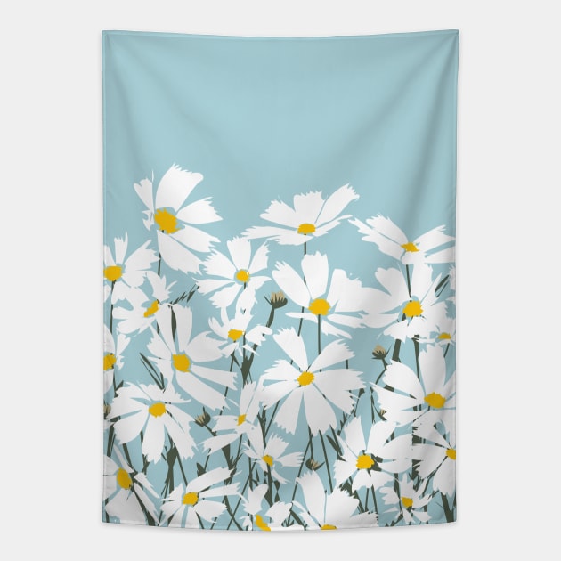 Les Fleurs de Paris - White Cosmos Flowers on Blue Tapestry by lymancreativeco