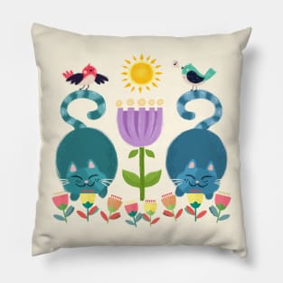 A Sunshine Day For Cats And Songbirds In The Tulip Garden Pillow