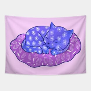 Sleeping cute purple cat with flower pattern Tapestry