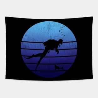 Cool Retro Distressed Blue Ocean Sunset Scuba Diver Tapestry