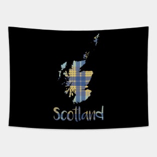 Scotland Blue and Yellow Tartan Map Typography Design Tapestry